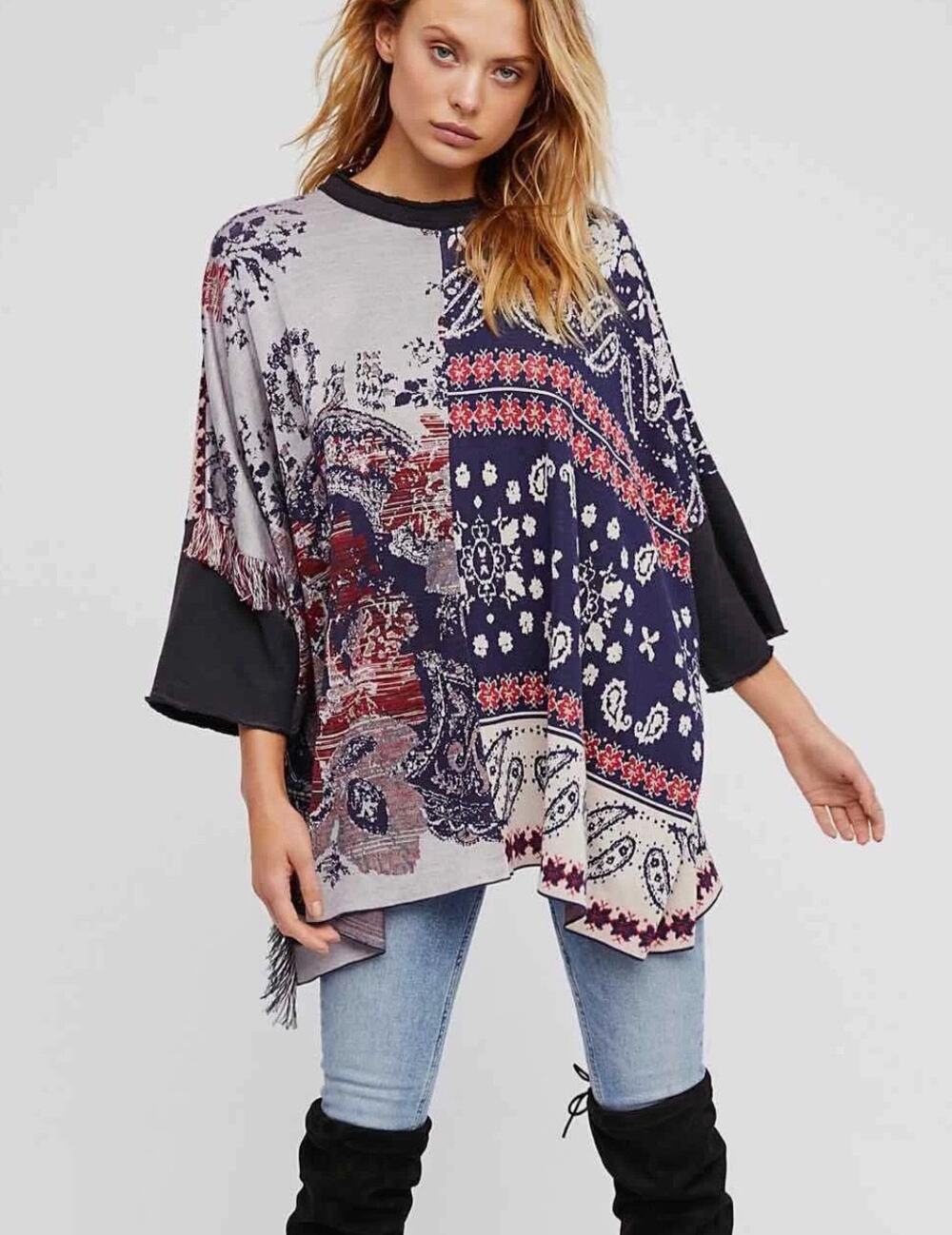 Free People Womens S Multicolor Paisley Fringed Poncho Tunic Top Oversized Boho